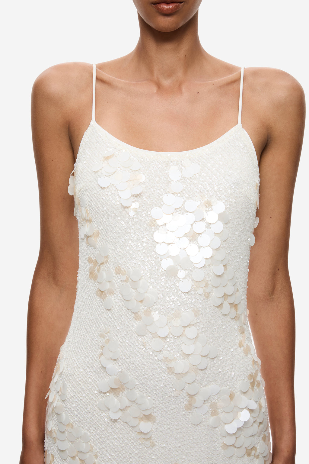 Ivory sequin dress with layered coin and petal sequin pattern