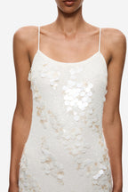 Ivory sequin dress with layered coin and petal sequin pattern