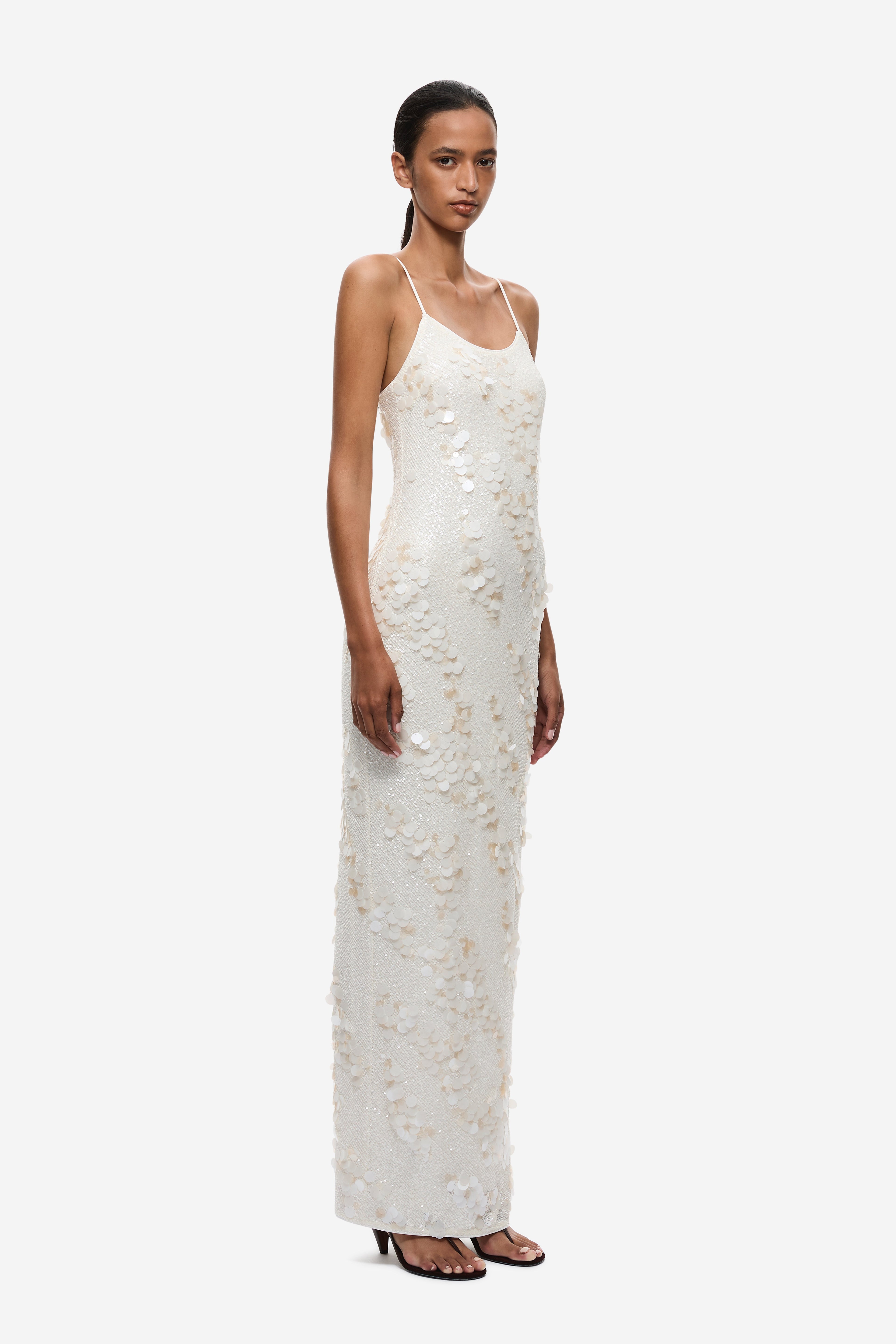 Ivory sequin column maxi dress with spaghetti straps