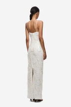 Ivory sequin maxi dress with open back and spaghetti straps