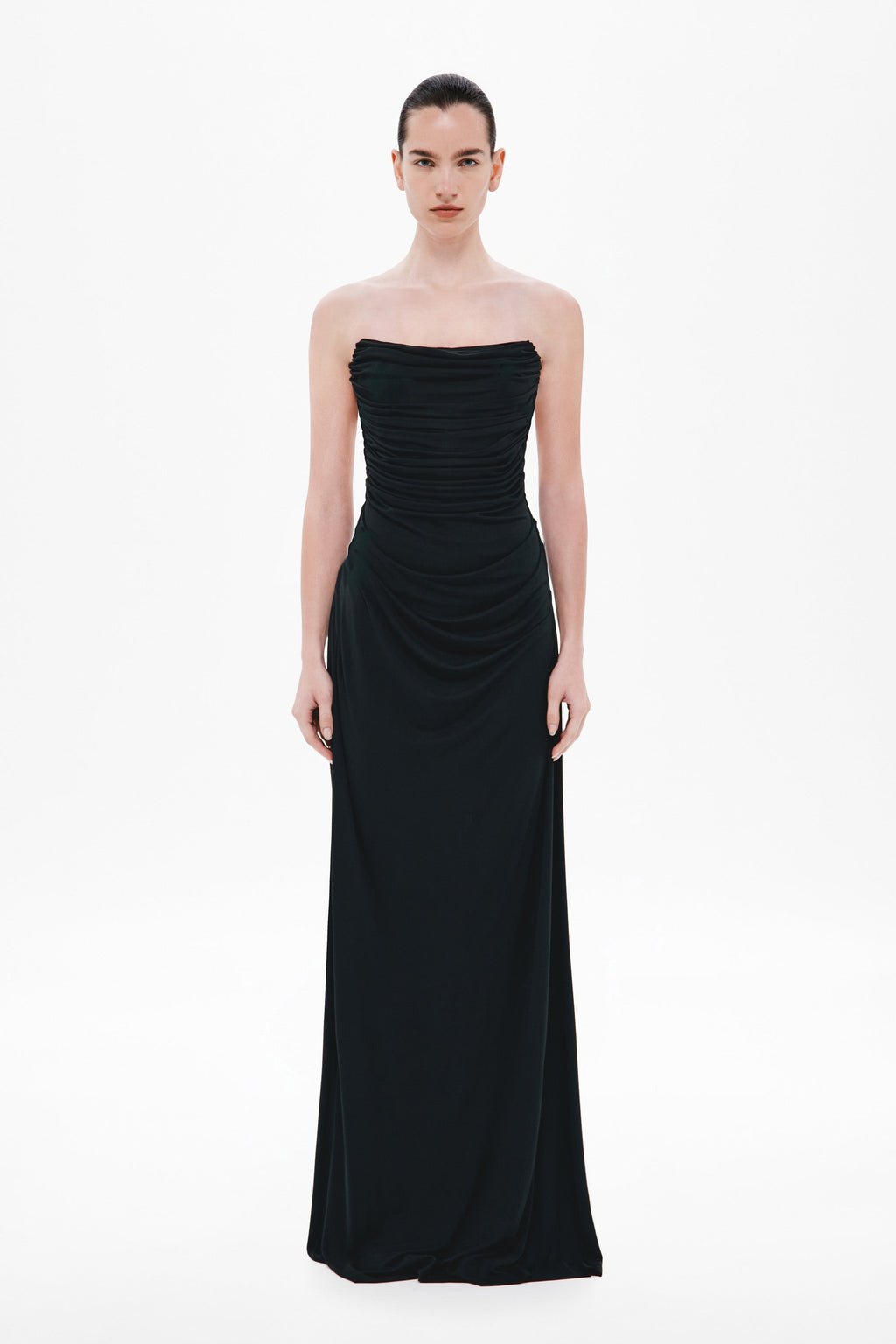 Black draped strapless maxi dress with ruched bodice and fitted waist