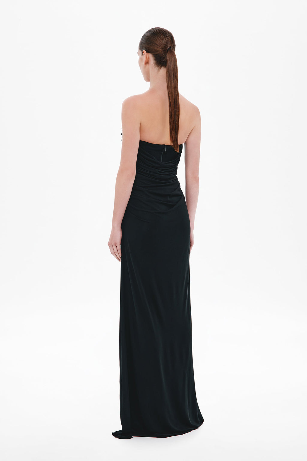 Black sleeveless maxi dress with draped back and thin cross-back straps