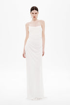 White draped jersey maxi dress with strapless sweetheart neckline