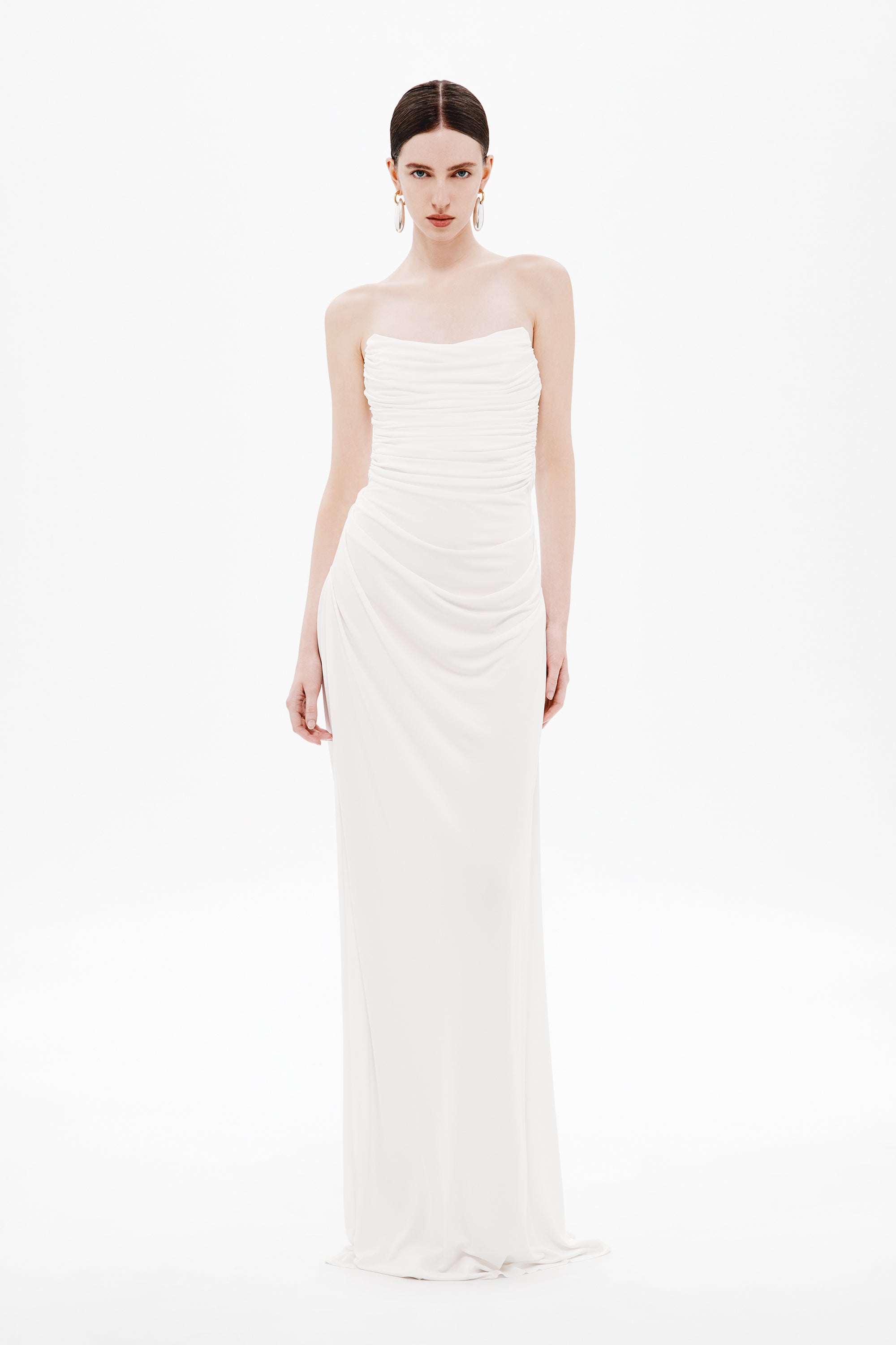 White draped jersey maxi dress with strapless sweetheart neckline