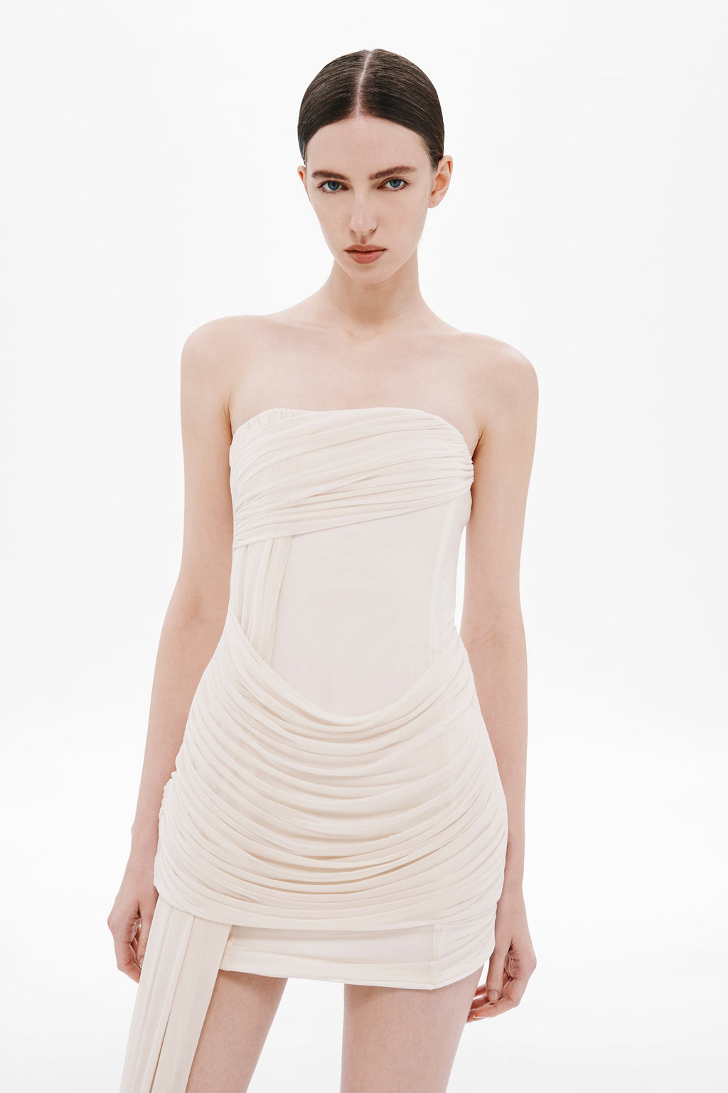 Strapless mini dress, whisper white, ruched wrap bodice with gathered side drape