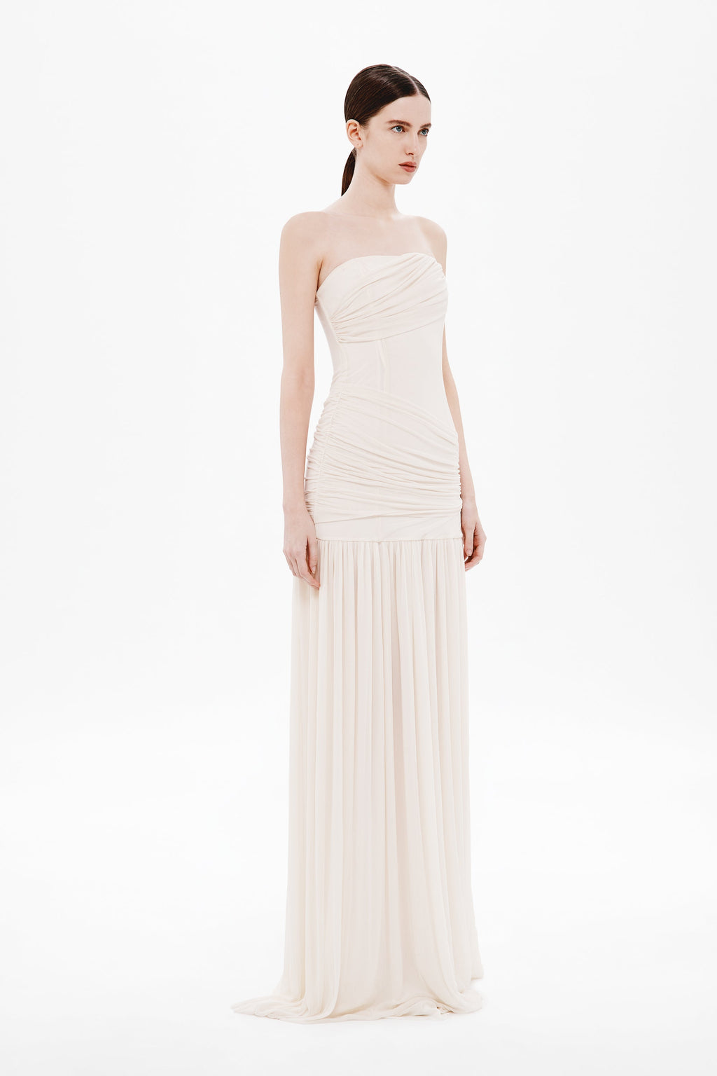 Whisper white strapless maxi dress with ruched wrap bodice and flowing tiered hem
