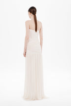 Whisper white strapless maxi dress, back view with draped wrap and tiered skirt
