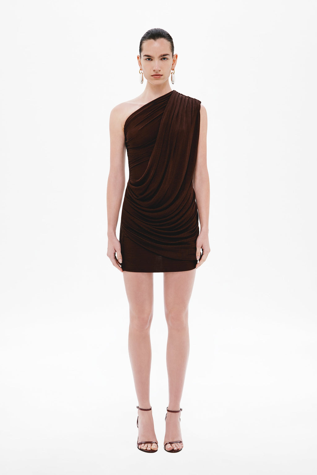 Chocolate brown one-shoulder ruched mini dress, sleeveless fitted silhouette