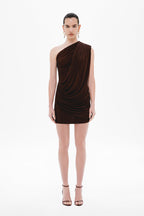 Chocolate brown one-shoulder ruched mini dress, sleeveless fitted silhouette
