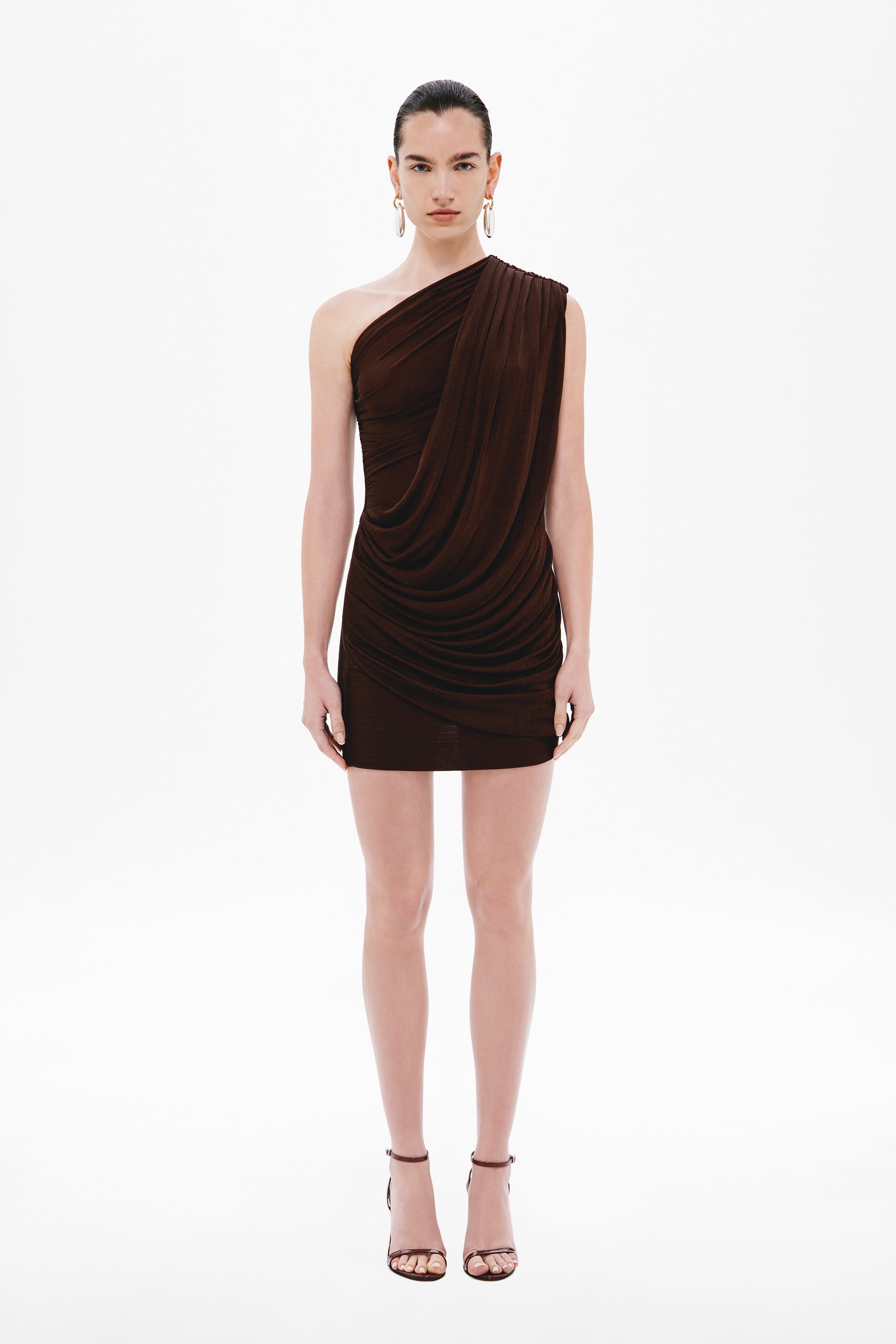 Chocolate brown one-shoulder ruched mini dress, sleeveless fitted silhouette