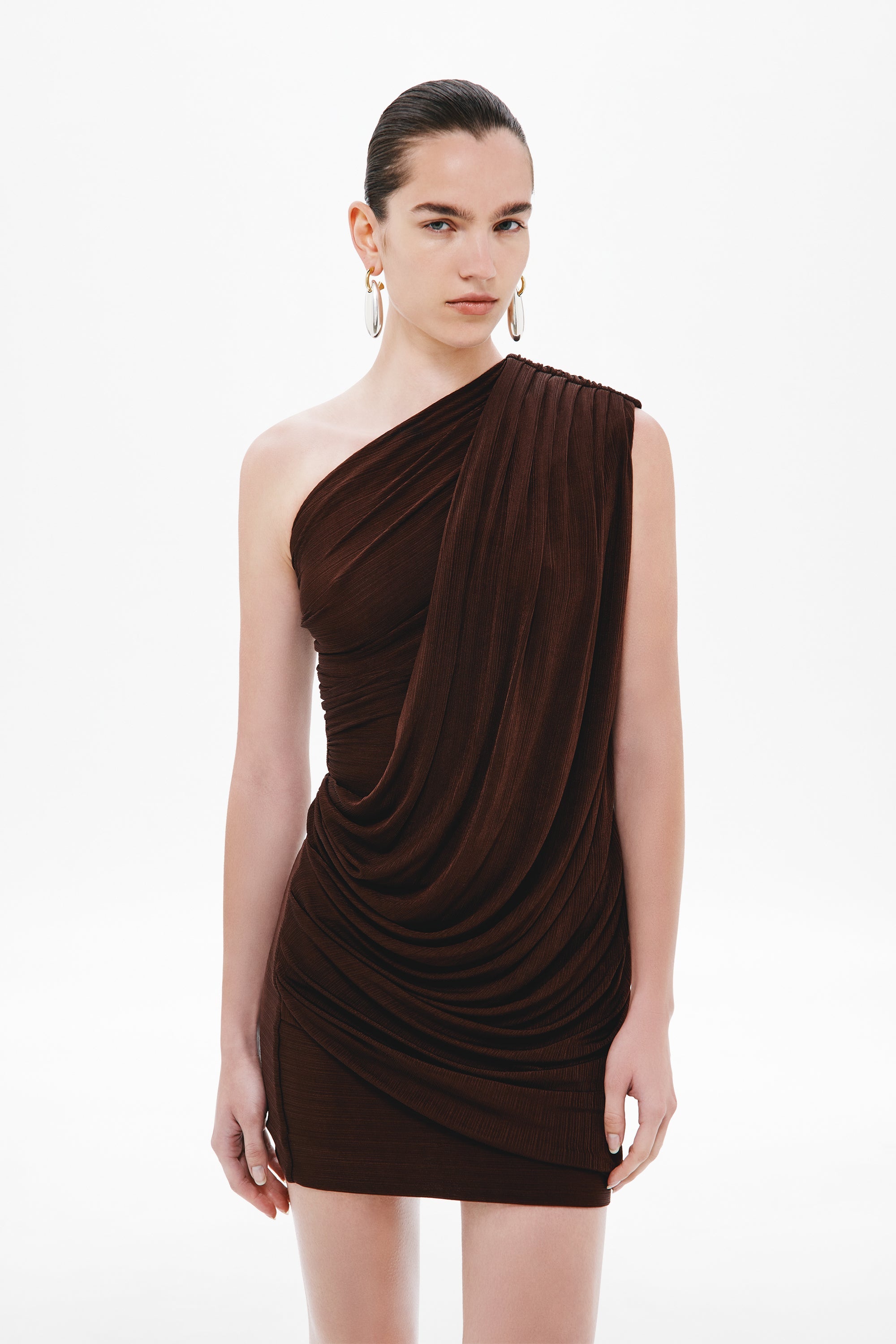 Chocolate brown one-shoulder ruched mini dress, close-up draped detail