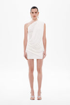 Ivory one-shoulder ruched mini dress sleeveless with asymmetric drape
