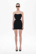 Black fitted mini skirt on model, front view, straight bodycon mini hem
