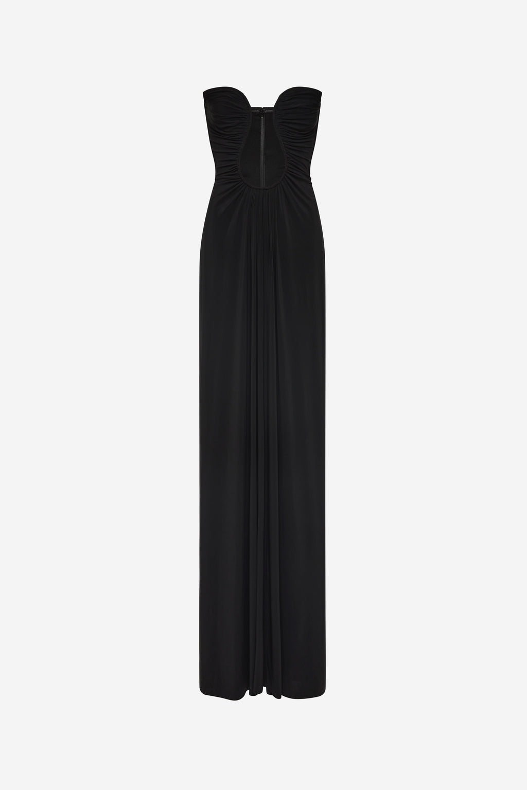 Black strapless jersey maxi dress, back view with gathered center panel and seam