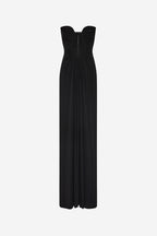 Black strapless jersey maxi dress, back view with gathered center panel and seam