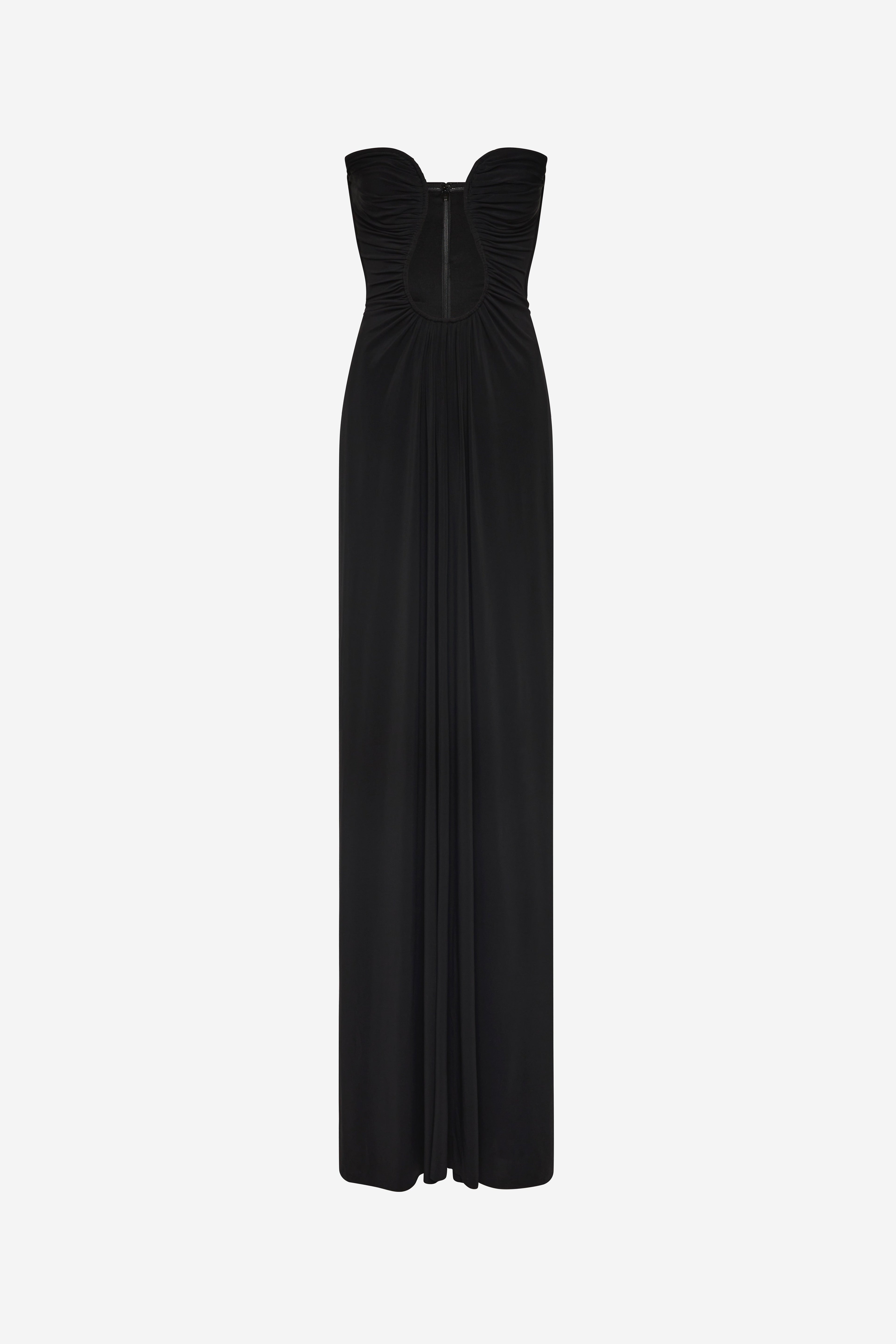Black strapless jersey maxi dress, back view with gathered center panel and seam