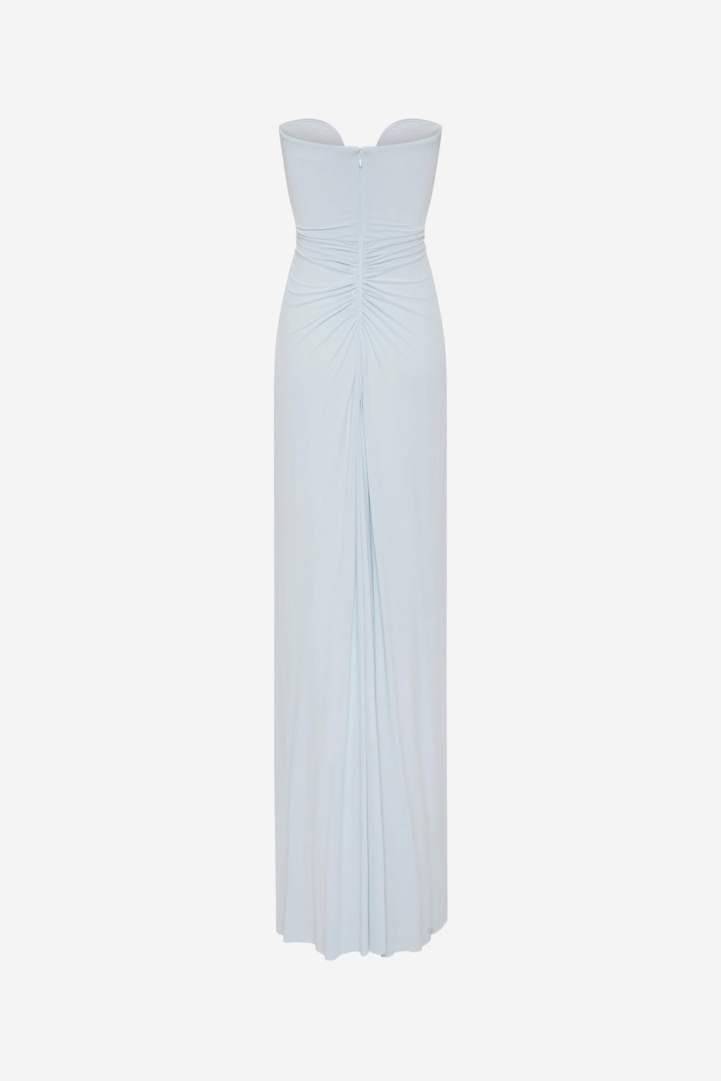 Light blue maxi jersey dress with sweetheart neckline and fitted ruched bodice