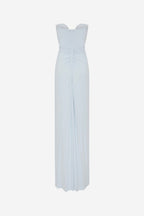 Light blue maxi jersey dress with sweetheart neckline and fitted ruched bodice