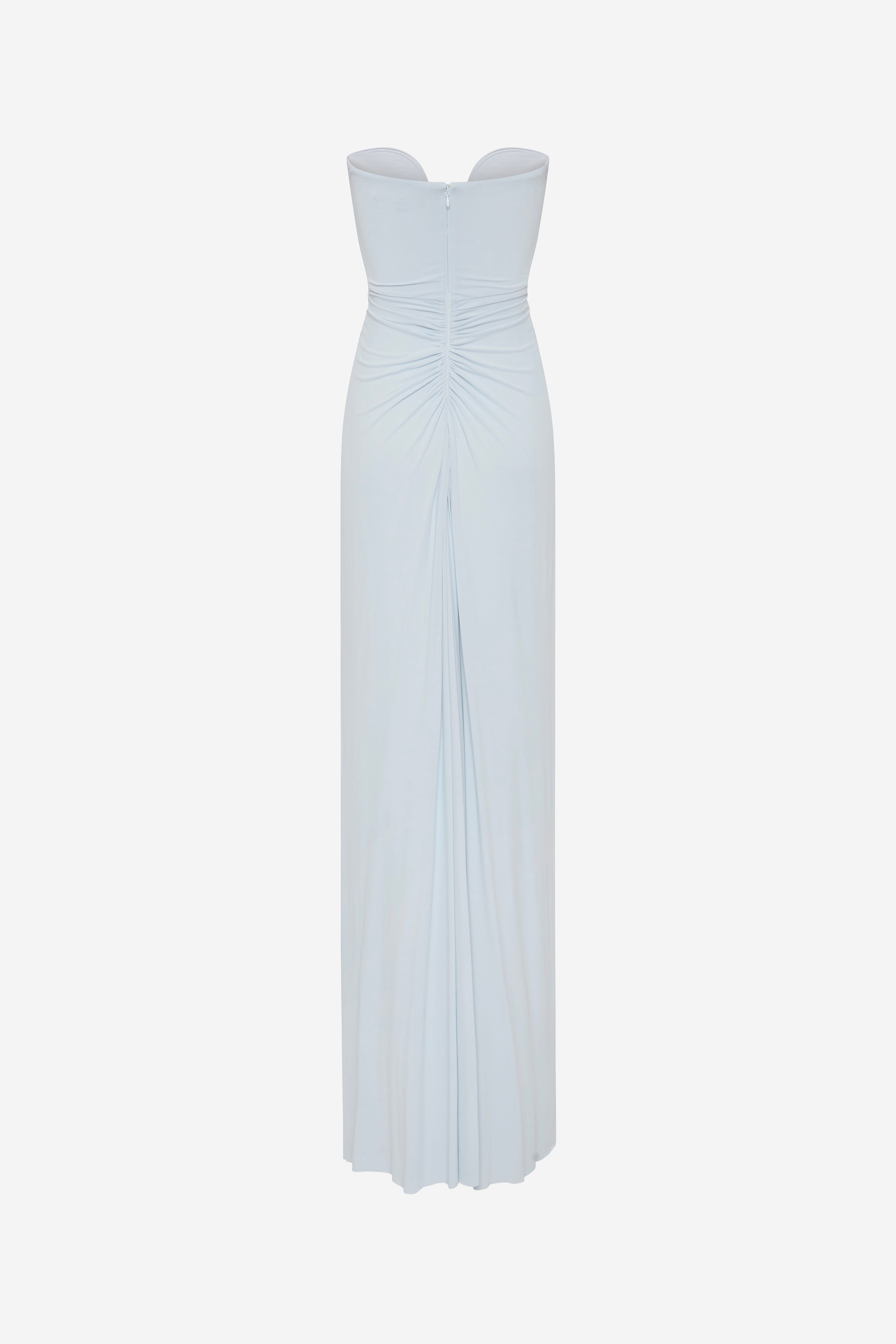 Light blue maxi jersey dress with sweetheart neckline and fitted ruched bodice