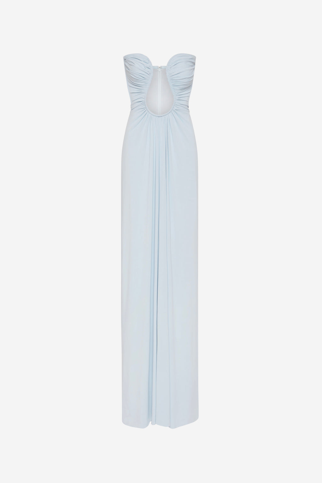 Light blue strapless maxi dress, ruched cups and gathered waist seam; sleeveless