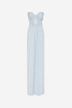 Light blue strapless maxi dress, ruched cups and gathered waist seam; sleeveless