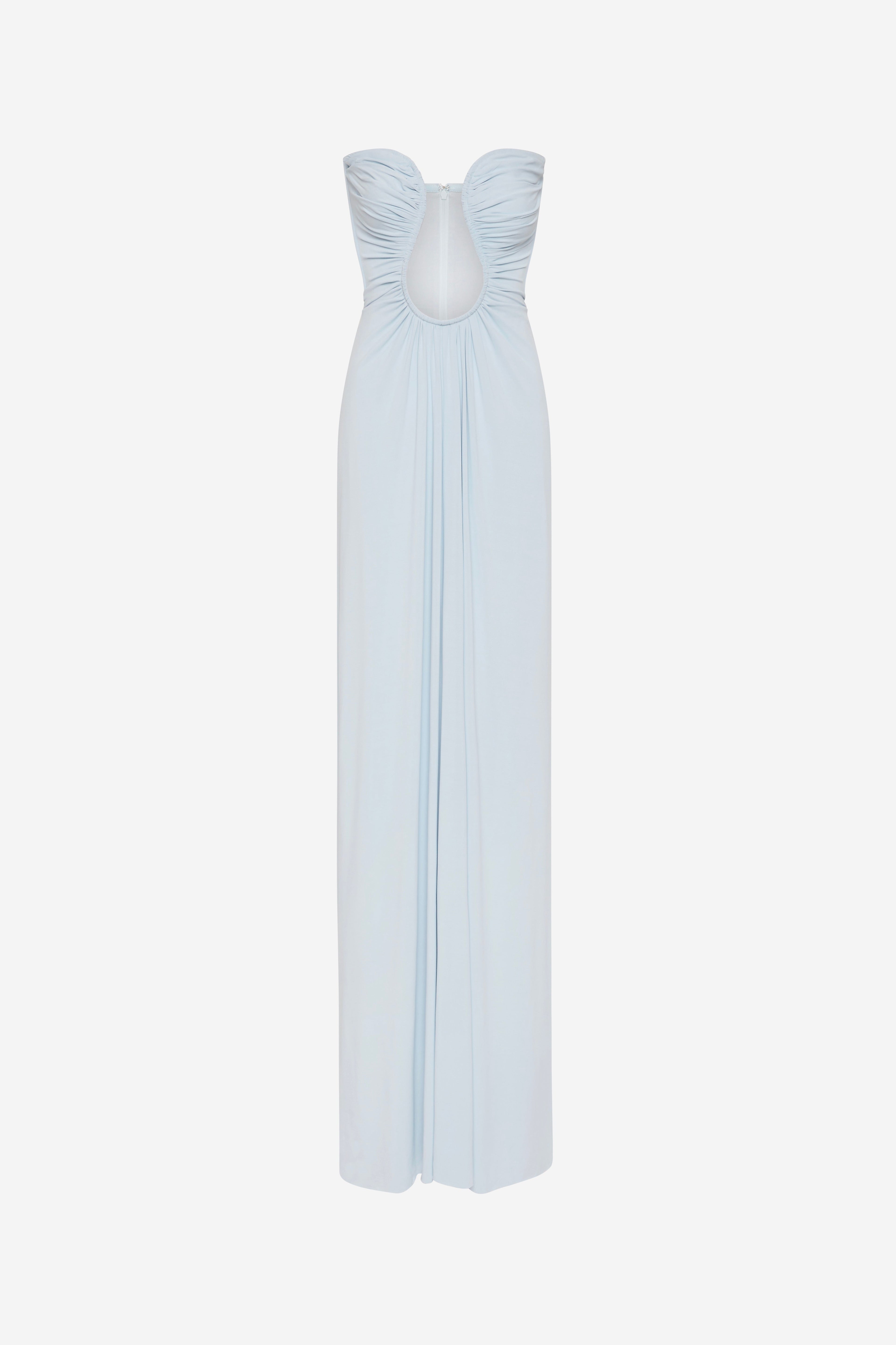 Light blue strapless maxi dress, ruched cups and gathered waist seam; sleeveless