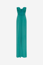 Teal blue strapless jersey maxi dress with ruched bodice and gathered neckline