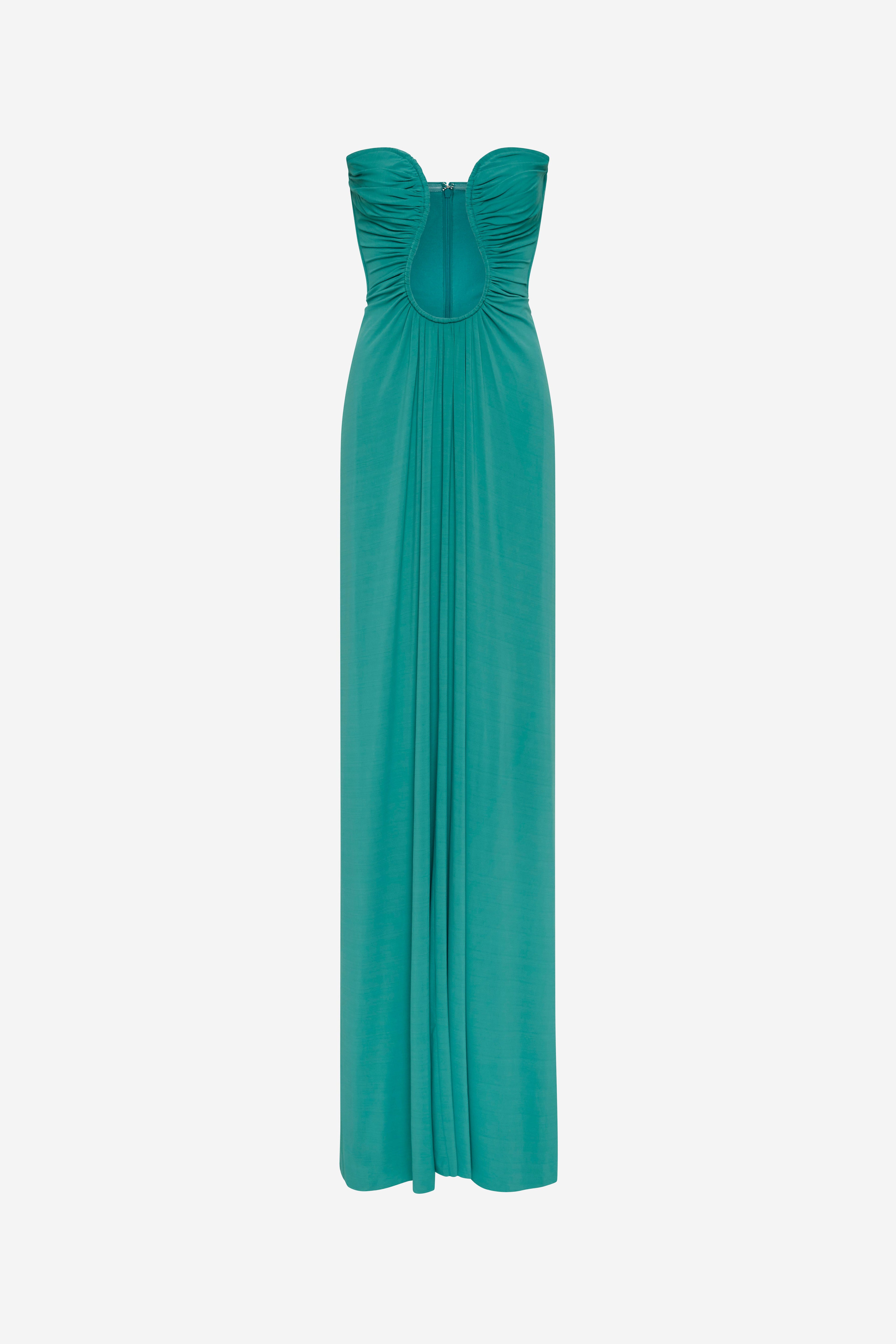 Teal blue strapless jersey maxi dress with ruched bodice and gathered neckline