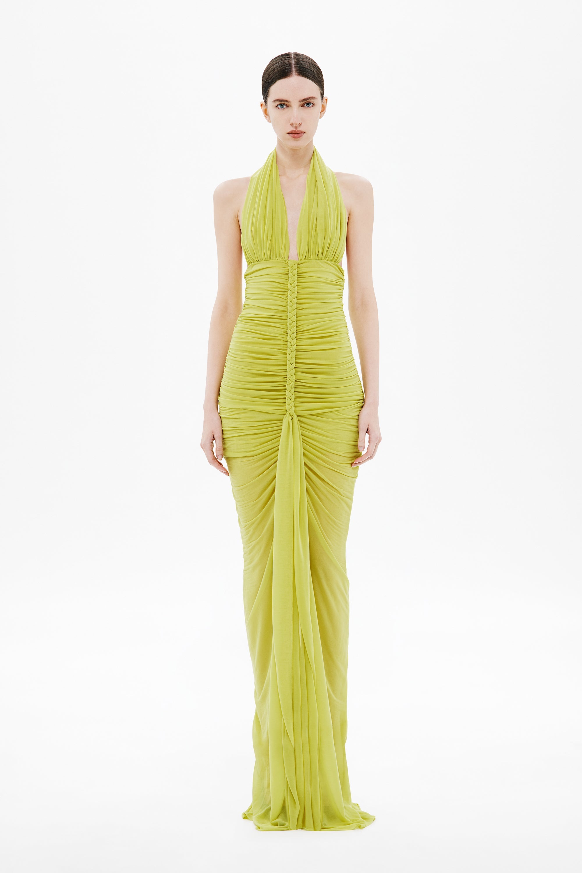 Lime green sleeveless halter braided gown with ruched bodice and flowing chiffon skirt