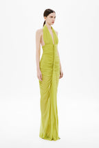 Lime green halter braided dress with gathered ruched waist and long draped skirt