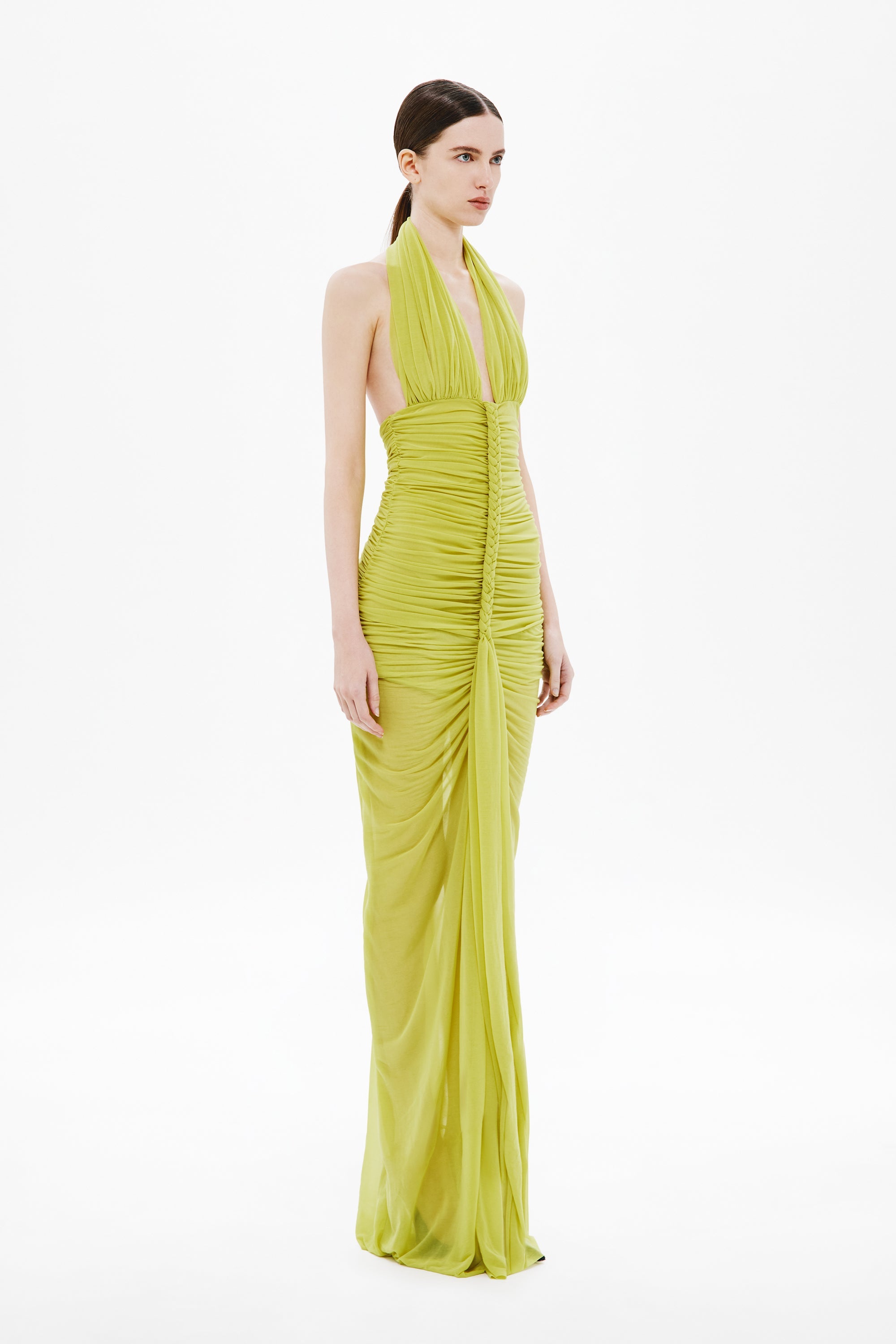 Lime green halter braided dress with gathered ruched waist and long draped skirt