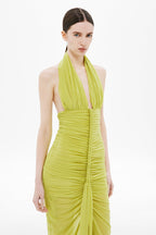 Lime green halter braided dress with ruched bodice and pleated drape detail