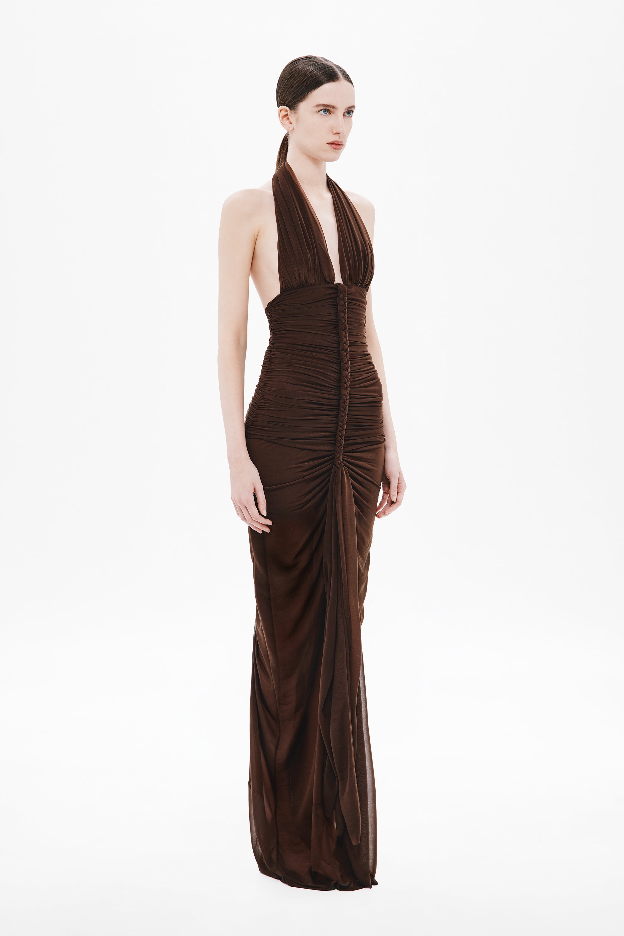 Chocolate brown halter maxi dress with braided ruching and draped side gathers