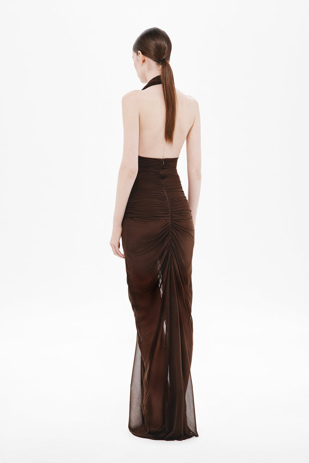 Chocolate brown back view halter maxi dress with braided ruched back