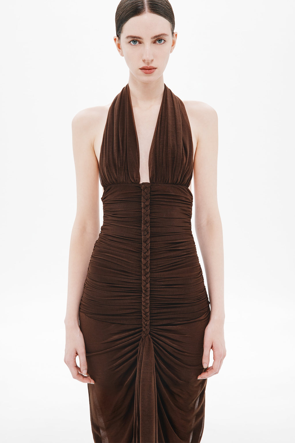 Chocolate brown halter dress with braided ruched bodice and front seam detail