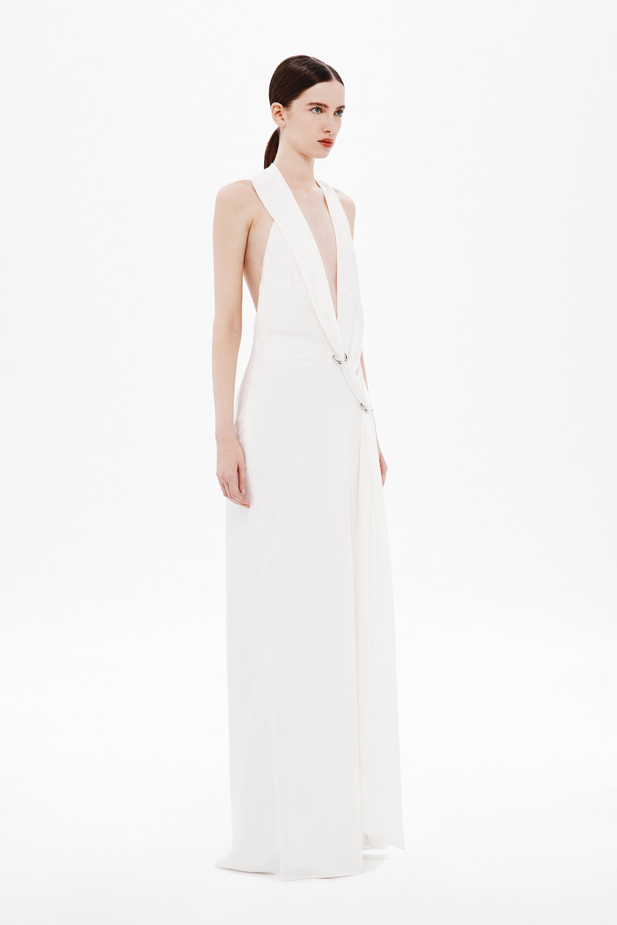 Ivory satin wrap dress, sleeveless with draped V-neck and tie closure