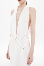 Ivory satin wrap dress front detail, deep V neckline and metal tie accents