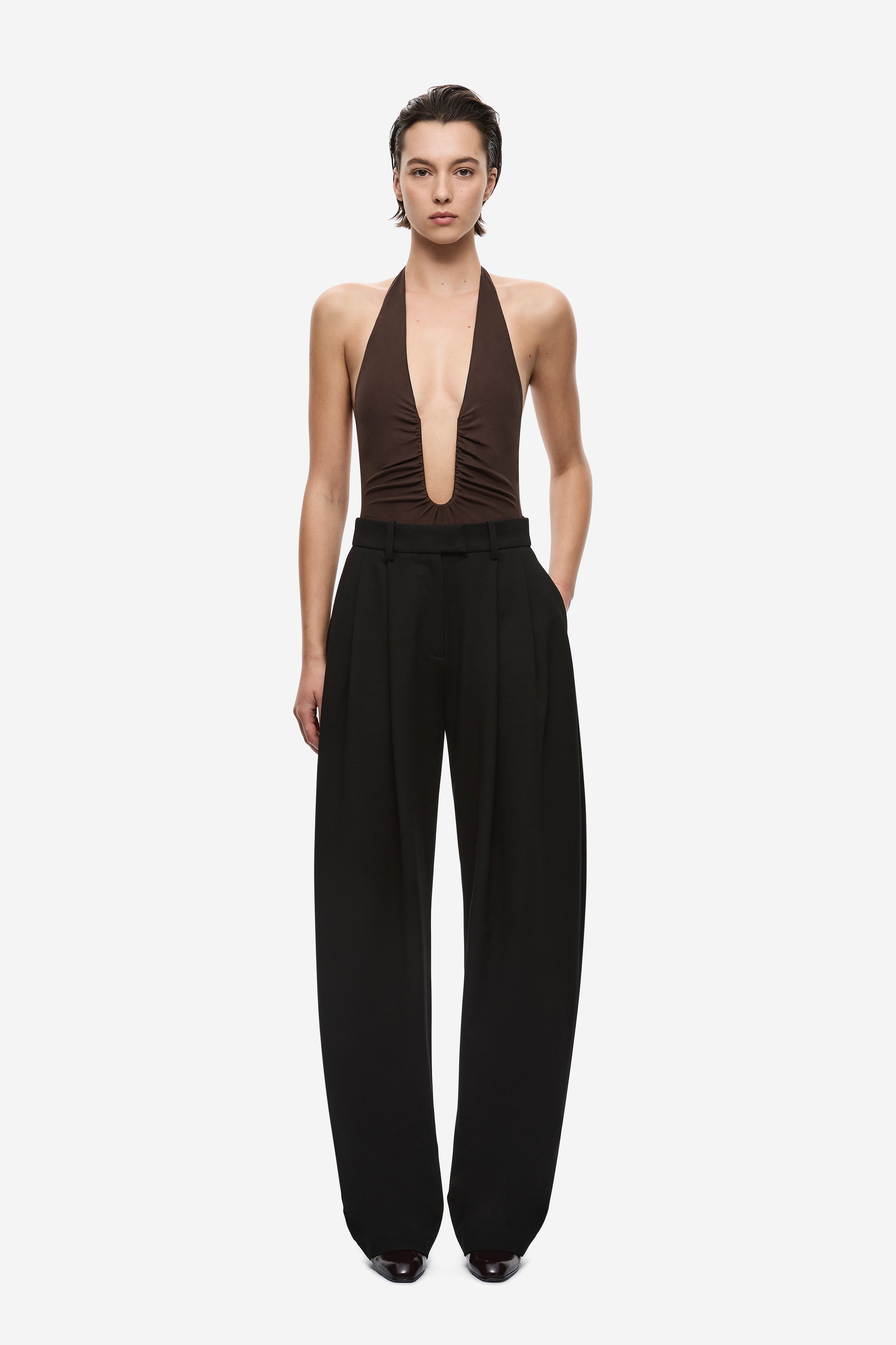 Chocolate brown halter bodysuit with deep V front cutout