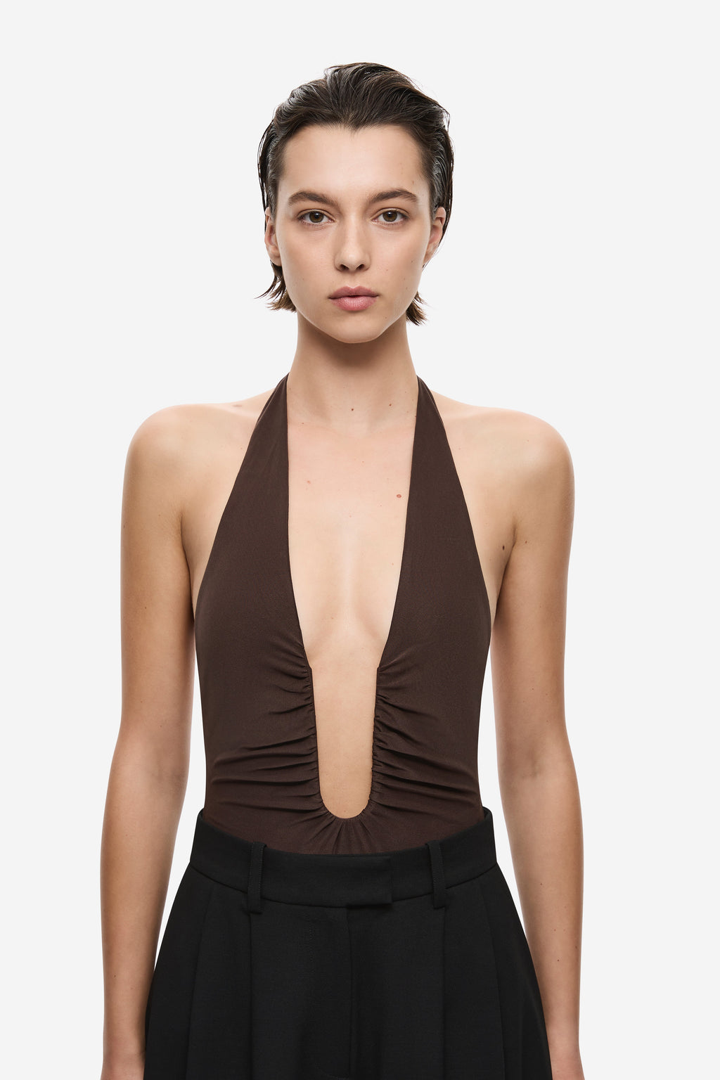 Chocolate halter bodysuit with plunging front V and gathered neckline