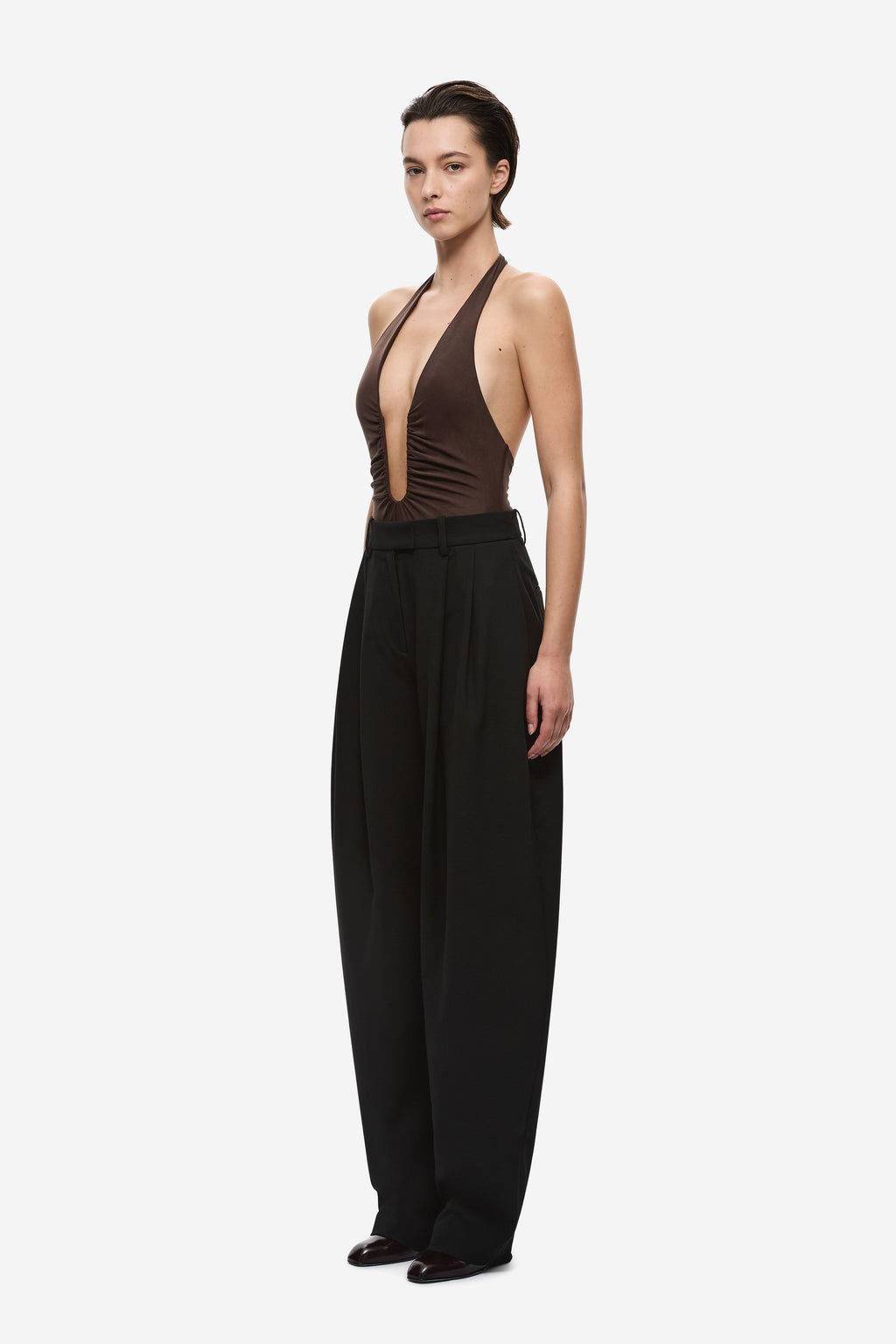 Chocolate brown halter bodysuit, sleeveless with deep V front