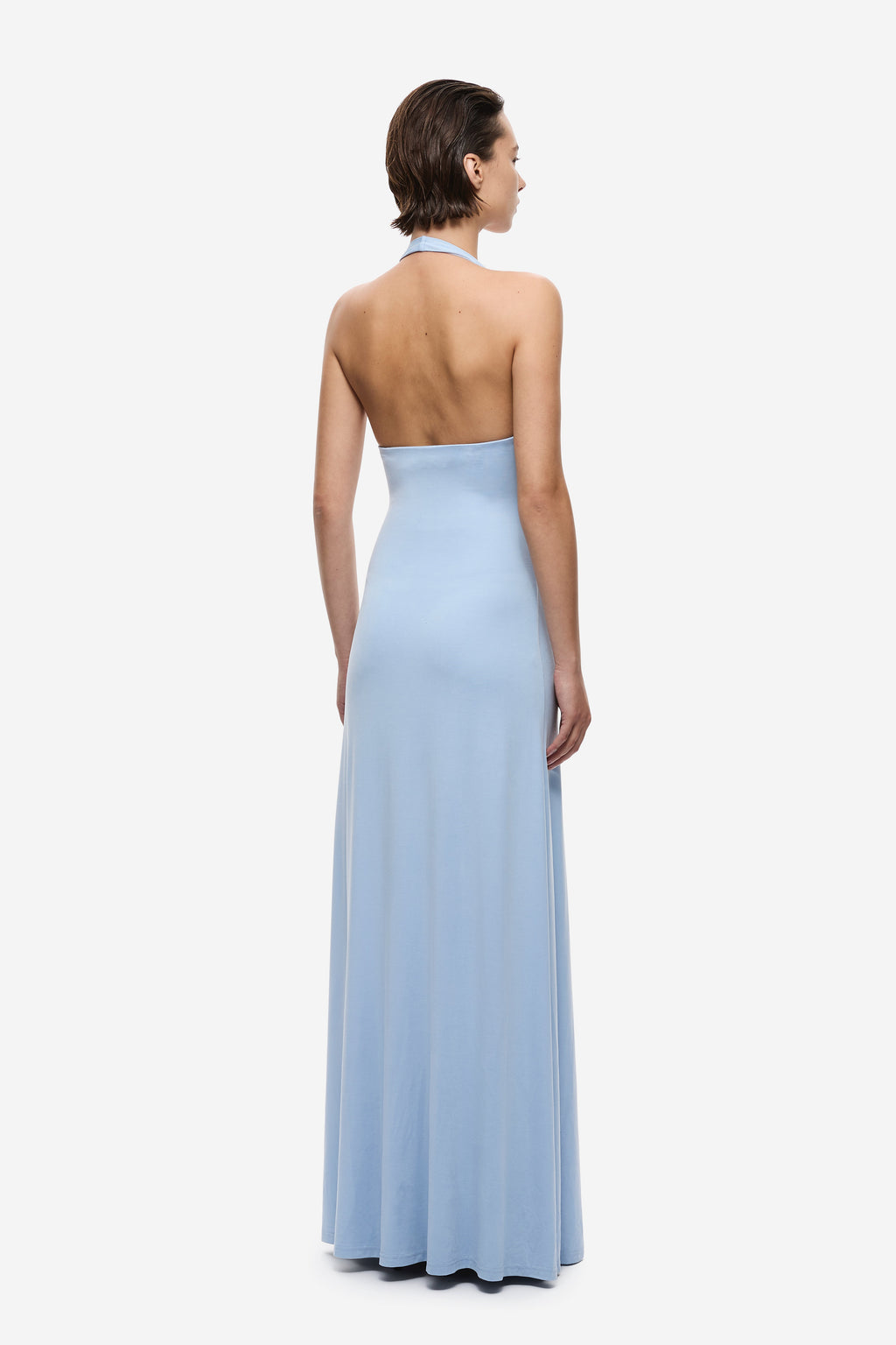 Cornflower blue halter cupro dress back view with open back and long column silhouette