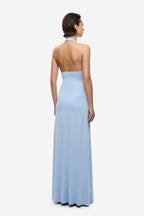 Cornflower blue halter cupro dress back view with open back and long column silhouette