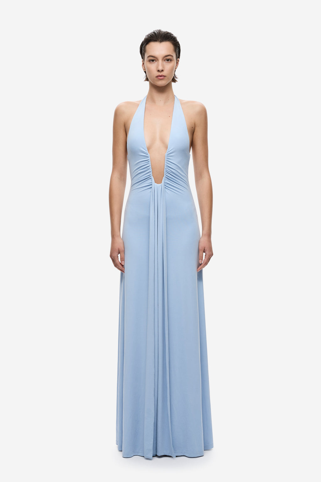 Cornflower blue halter cupro dress with deep V neckline and ruched, draped skirt