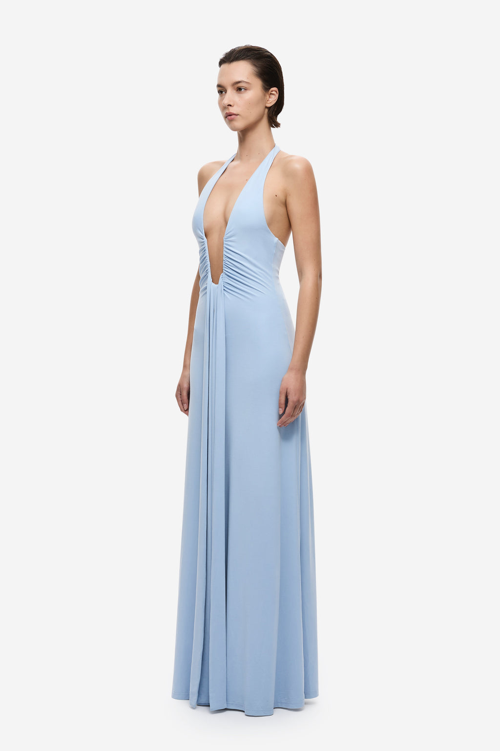Cornflower blue halter cupro dress, sleeveless with long flowing skirt and draped waist