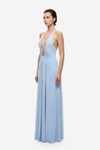 Cornflower blue halter cupro dress, sleeveless with long flowing skirt and draped waist