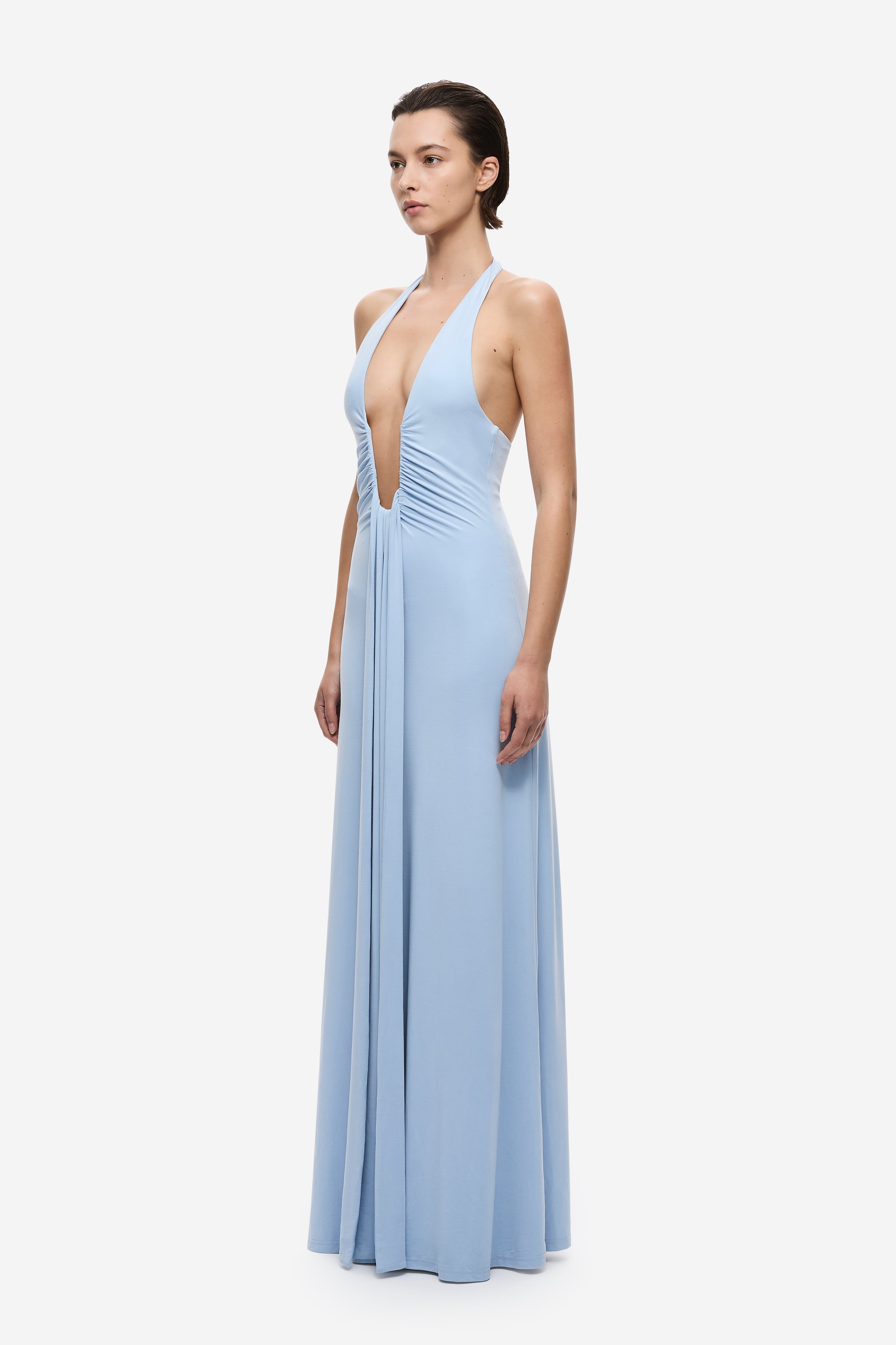 Cornflower blue halter cupro dress, sleeveless with long flowing skirt and draped waist