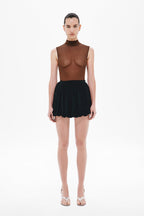 Black bubble mini skirt with gathered pleats and elastic waistband, short hem