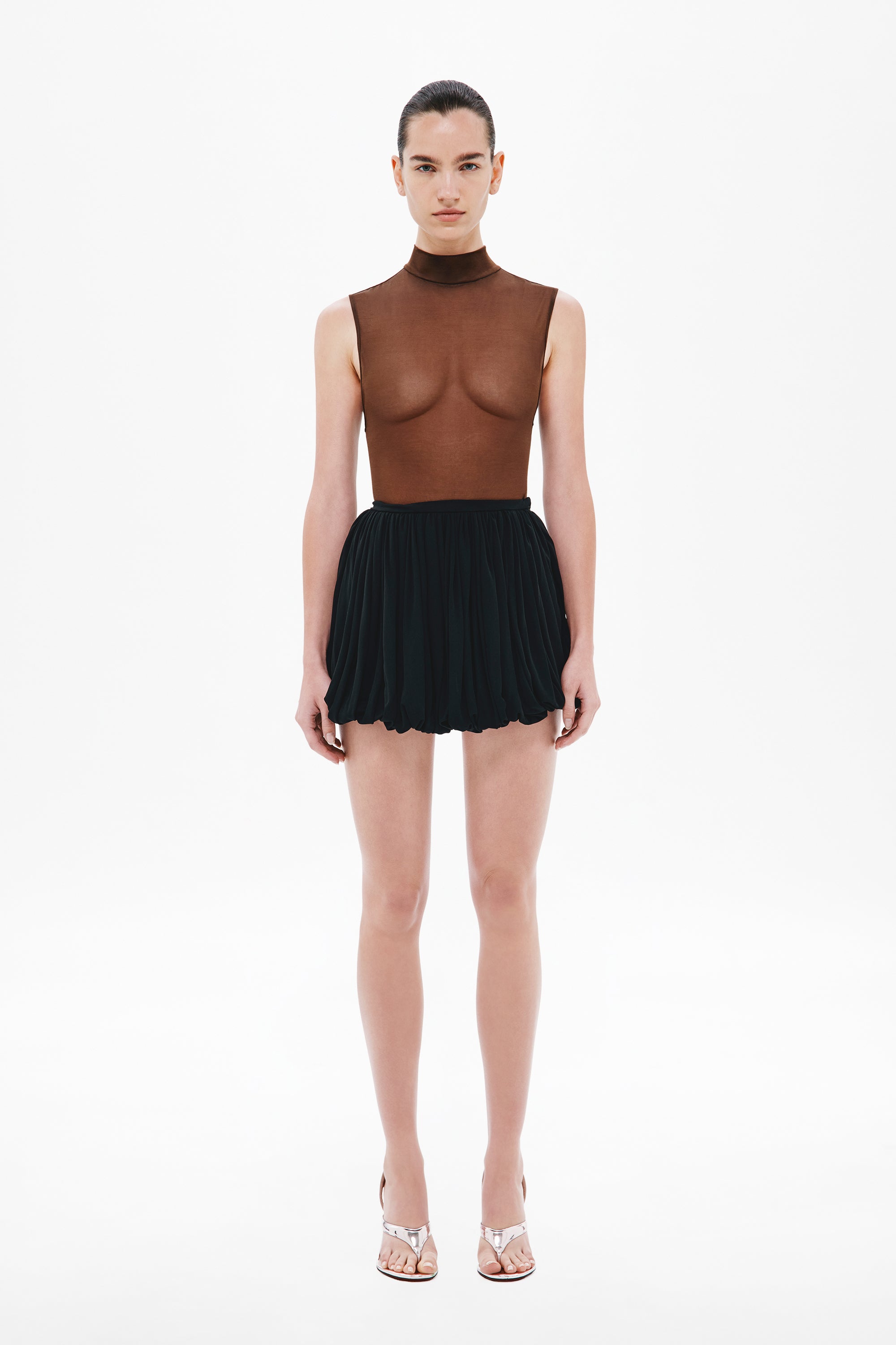 Black bubble mini skirt with gathered pleats and elastic waistband, short hem