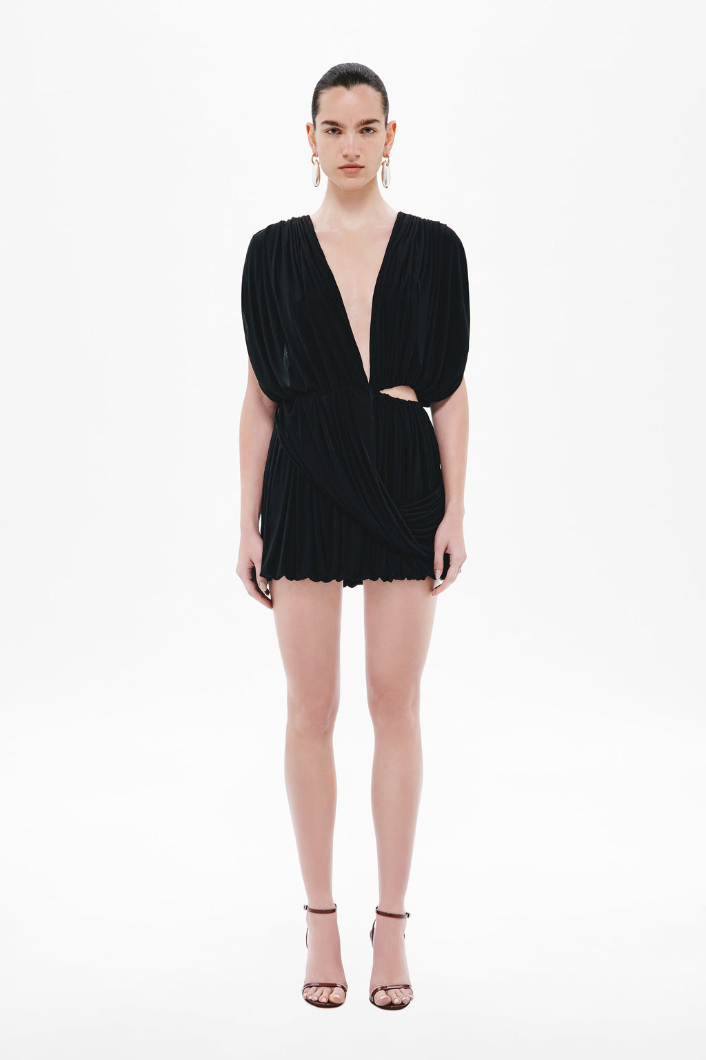 Black jersey mini wrap dress with short puff sleeves and ruffled hem