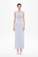 THE LUSI crepe dress, lilac halter with deep V front, fitted waist, midi length